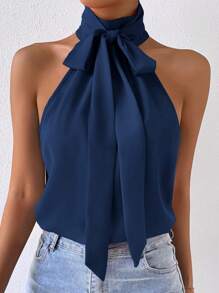 Frievida Frievida Solid Tie Neck Halter Blouse,Sleeveless Tops - Navy Blue - View 6