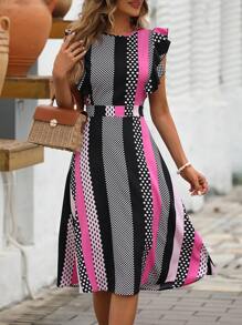 SHEIN Holidaya Vestido largo de vacaciones con estampado de lunares y rayas, con ribete de volantes, para la playa - Rosa - Ver 1