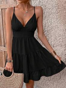 Breezaya Solid Ruffle Hem Cami Dress Vacation Beach Outfits Women - Black - View 6