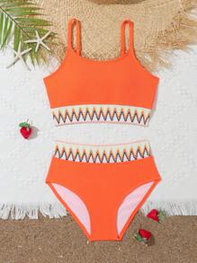 青少年女孩 V 形胶带比基尼套装夏日海滩