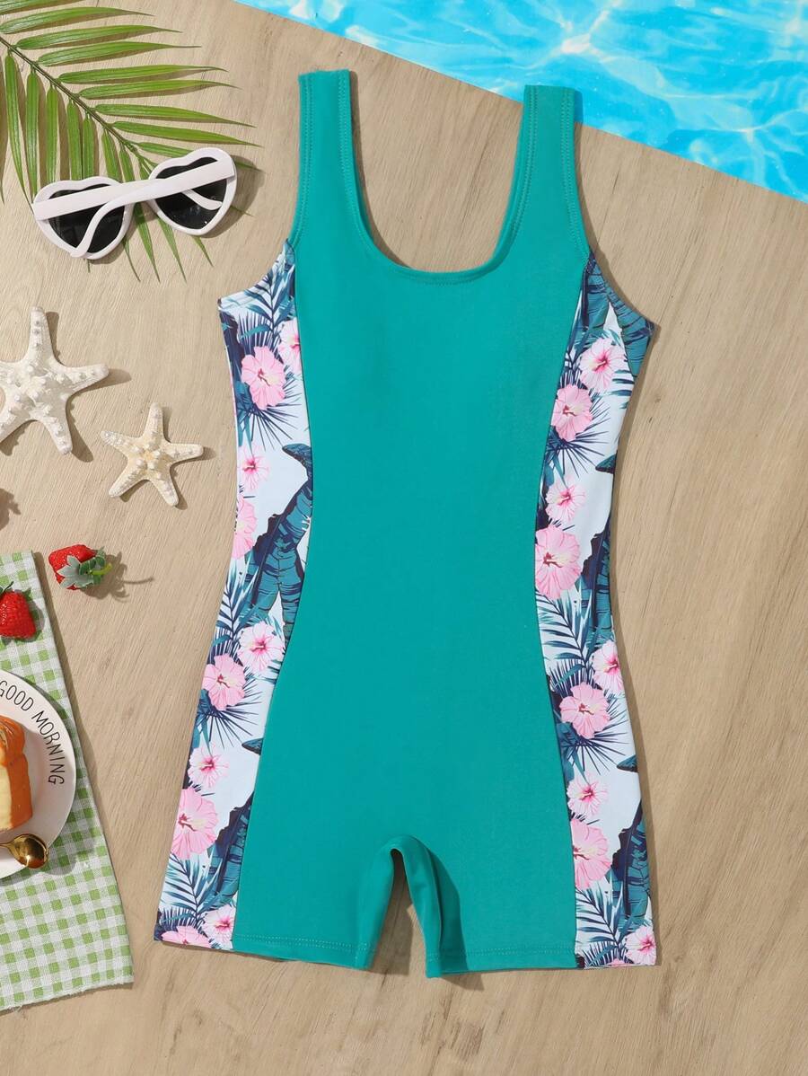 Tween Girl Tropical Print One Piece Swimsuit - Green - View 1