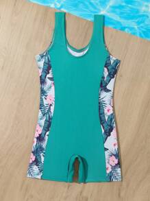 Tween Girl Tropical Print One Piece Swimsuit - Green - View 2