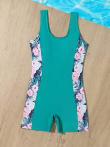 Tween Girl Tropical Print One Piece Swimsuit - Green - View 4