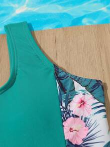 Tween Girl Tropical Print One Piece Swimsuit - Green - View 5