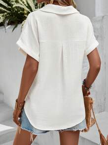 SHEIN LUNE Áo sơ mi nữ Nút phía trước màu trơn Giải trí - trắng - Xem 2