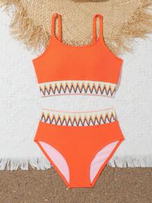 青少年女孩 V 形胶带比基尼套装夏日海滩