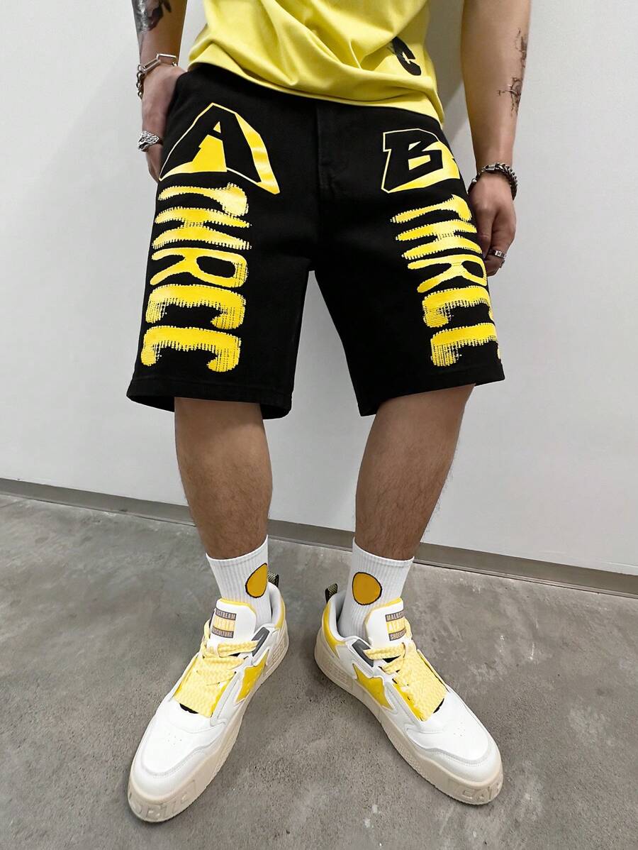 Manfinity EMRG Men Cotton Letter Graphic Denim Shorts - Black - View 1