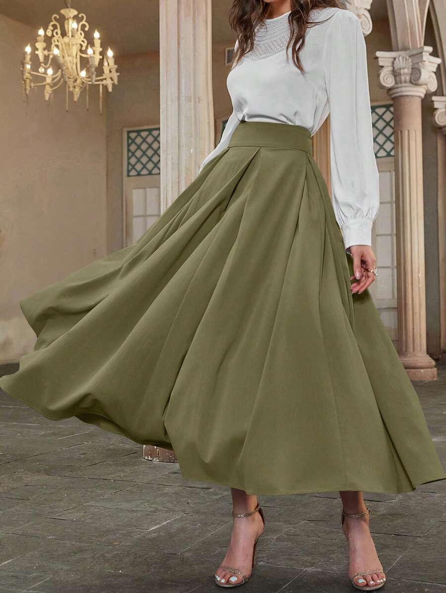 Modelyn High Waist Fold Pleated Detail Flare Skirt - Army Green - View 1