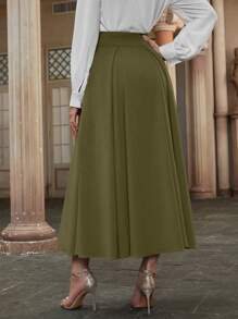 Modelyn High Waist Fold Pleated Detail Flare Skirt - Army Green - View 2