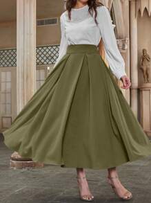 Modelyn High Waist Fold Pleated Detail Flare Skirt - Army Green - View 3