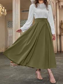 Modelyn High Waist Fold Pleated Detail Flare Skirt - Army Green - View 4