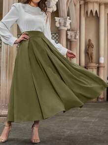 Modelyn High Waist Fold Pleated Detail Flare Skirt - Army Green - View 6
