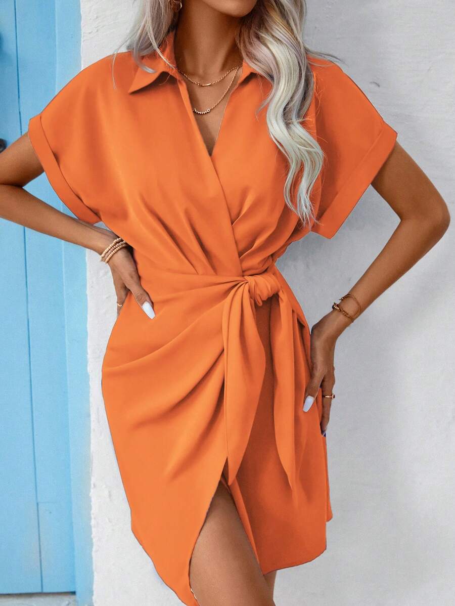 SHEIN Clasi Đầm Thắt nút Thắt lưng Trọn gói màu trơn Giải trí - trái cam - Xem 1