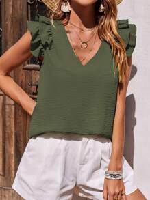 EMERY ROSE Solid Ruffle Trim V Neck Blouse - Army Green - View 4