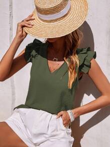 EMERY ROSE Solid Ruffle Trim V Neck Blouse - Army Green - View 6