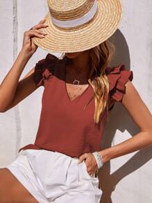 SHEIN LUNE Blusa unicolor ribete con fruncido de cuello V - Naranja Quemada - Ver 5