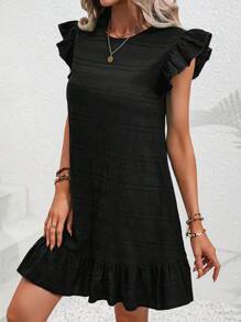 SHEIN LUNE Solid Ruffle Trim Smock Dress - Black - View 4