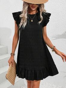 SHEIN LUNE Solid Ruffle Trim Smock Dress - Black - View 5