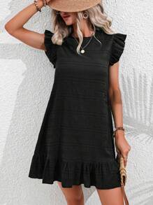 SHEIN LUNE Solid Ruffle Trim Smock Dress - Black - View 6