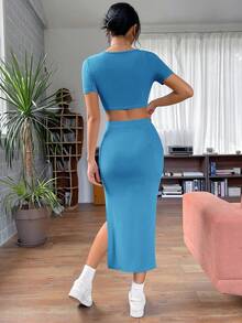 SHEIN Essnce 素色短款T恤和高衩半身裙 - 淺藍色 - 查看 2