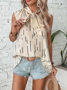 SHEIN LUNE Geo Print Tie Neck Sleeveless Blouse - Apricot - View 5