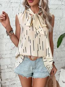 SHEIN LUNE Geo Print Tie Neck Sleeveless Blouse - Apricot - View 6