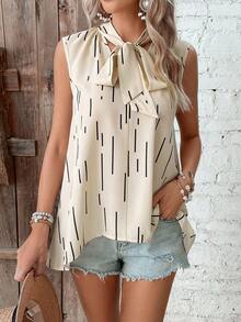 SHEIN LUNE Geo Print Tie Neck Sleeveless Blouse - Apricot - View 2