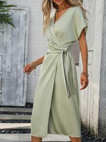 SHEIN Clasi Batwing Sleeve Knot Side Wrap Dress - Green - View 3