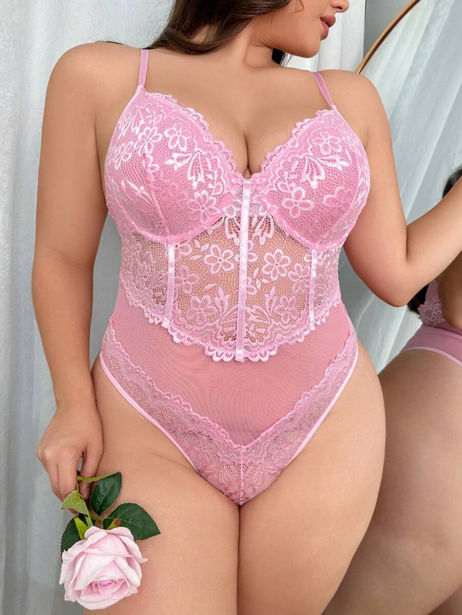 Plus Floral Lace Underwire Teddy Bodysuit - Pink - View 1