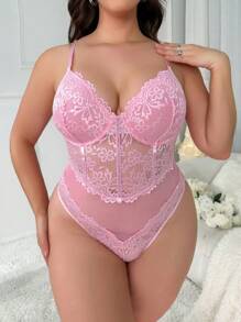 Plus Floral Lace Underwire Teddy Bodysuit - Pink - View 4