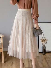 高腰網紗覆蓋蕾絲短裙