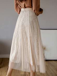 高腰網紗覆蓋蕾絲短裙