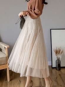 高腰網紗覆蓋蕾絲短裙