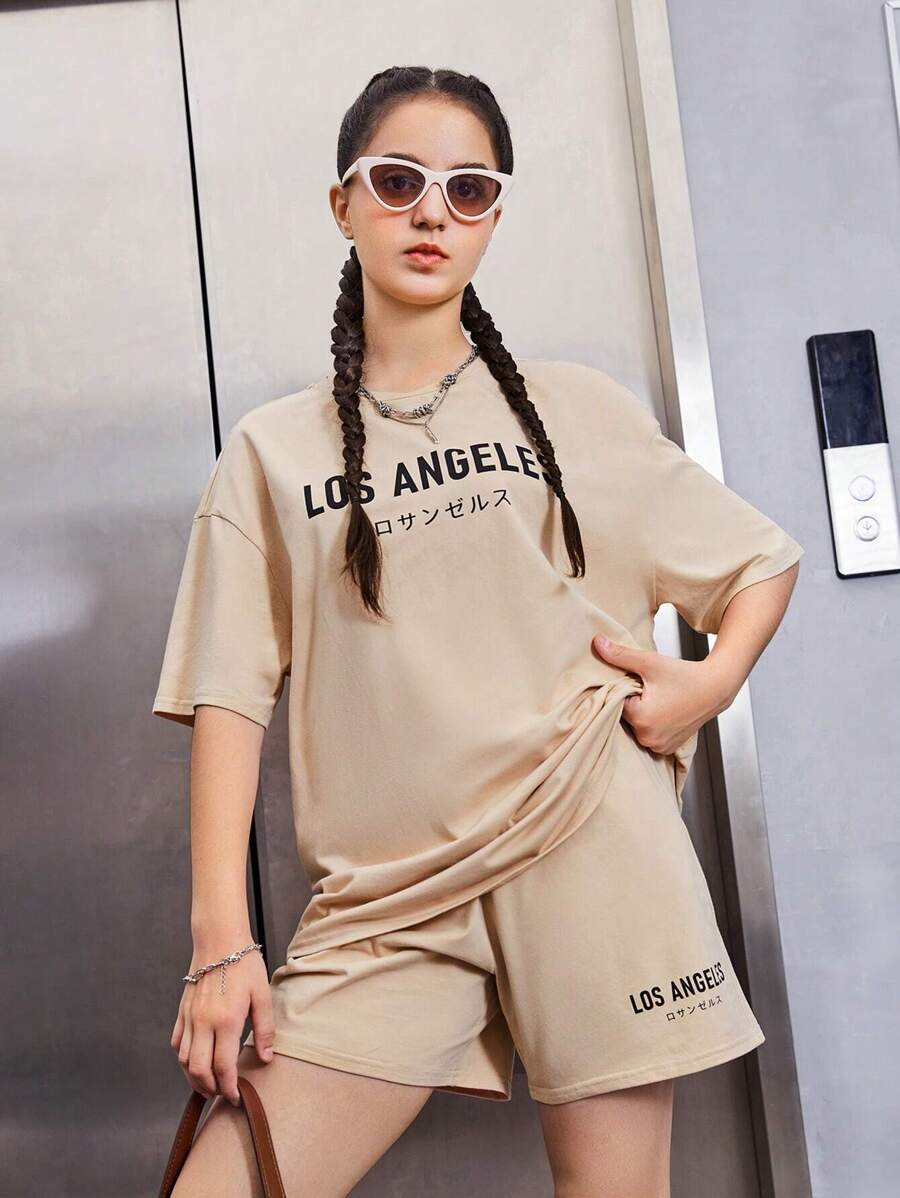 SHEIN Leap Crew Teen Girls Letter Graphic Drop Shoulder Tee & Shorts - Khaki - View 1