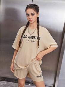 SHEIN Leap Crew Teen Girls Letter Graphic Drop Shoulder Tee & Shorts - Khaki - View 4