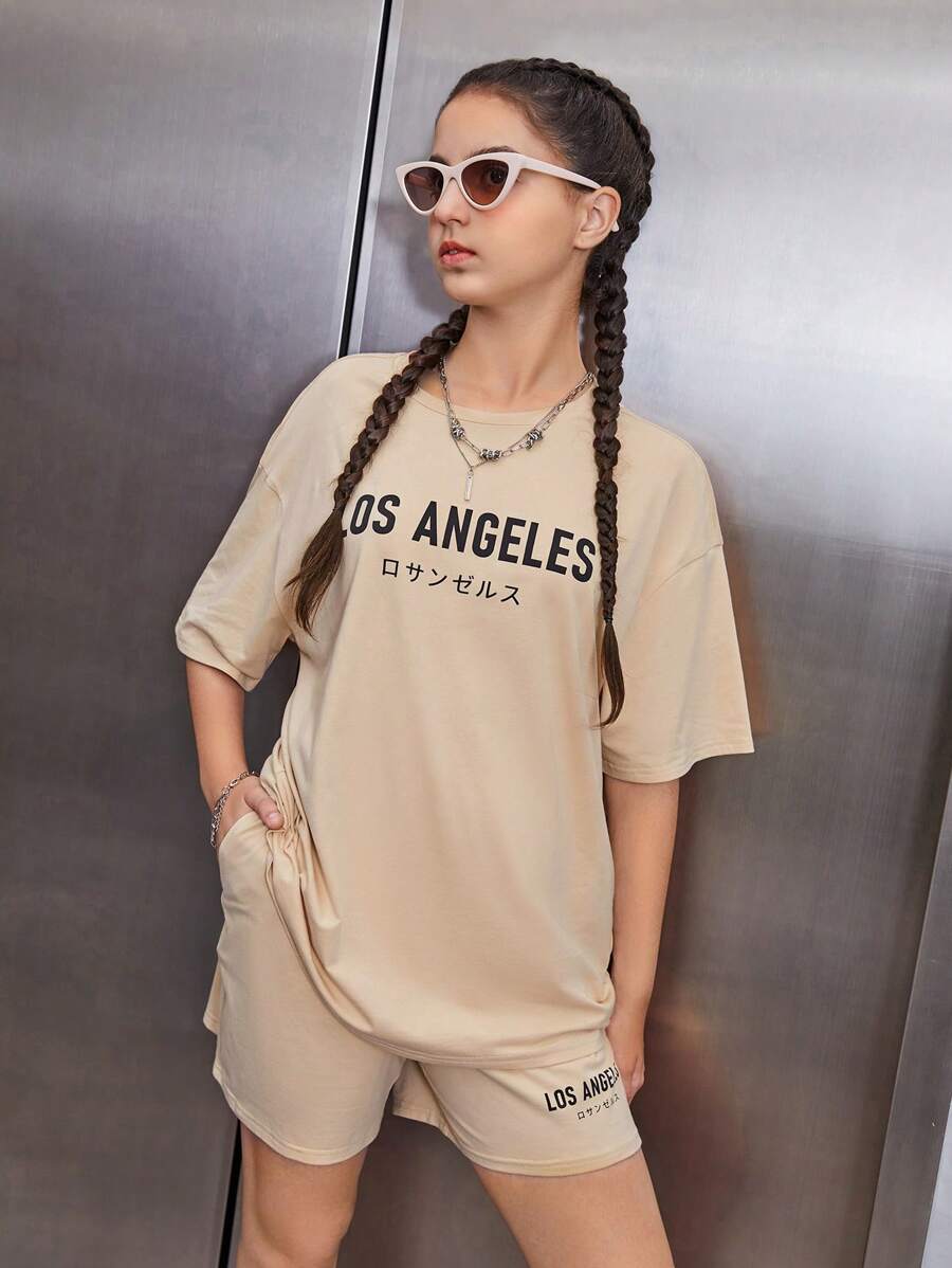 SHEIN Leap Crew Teen Girls Letter Graphic Drop Shoulder Tee & Shorts - Khaki - View 1