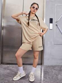 SHEIN Leap Crew Teen Girls Letter Graphic Drop Shoulder Tee & Shorts - Khaki - View 6