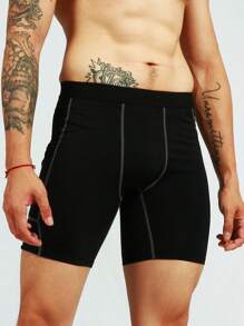 Hombres Mallas deportivas con puntada bolsillo de celular - Negro - Ver 3