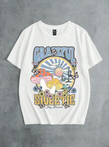 SHEIN EZwear 休闲简约卡通印花短袖圆领女士超大T恤，适合夏季GRATEFUL SWEETIE Stay Blesse，男女通用 - 白色 - 查看 6