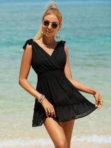 SHEIN 素色肩上打結荷葉邊罩衫連衣裙 - 黑色 - 查看 5