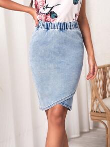 SHEIN LUNE Elastic Waist Tulip Hem Denim Skirt - Light Wash - View 1