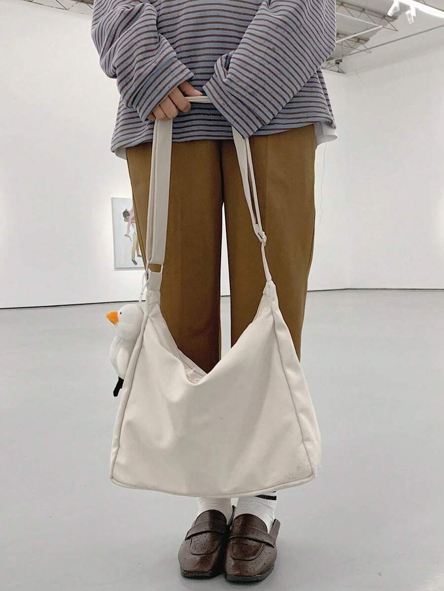 簡約中號斜挎包帶包飾休閒風格書包適合畢業生、青少年女孩、新生、大二、初中和高中學生、大學和高中，非常適合戶外、旅行和返校 - 米色 - 查看 1