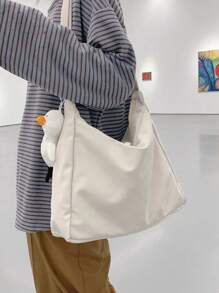 簡約中號斜挎包帶包飾休閒風格書包適合畢業生、青少年女孩、新生、大二、初中和高中學生、大學和高中，非常適合戶外、旅行和返校 - 米色 - 查看 2