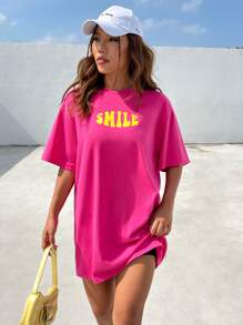 SHEIN EZwear 字母圖案落肩T恤連衣裙 - 玫紅色 - 查看 3