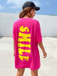 SHEIN EZwear 字母圖案落肩T恤連衣裙 - 玫紅色 - 查看 4