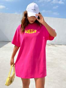 SHEIN EZwear 字母圖案落肩T恤連衣裙 - 玫紅色 - 查看 6