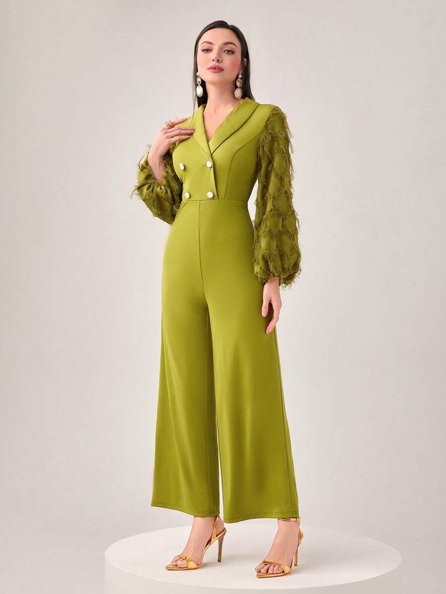 Modelyn Shawl Collar Fuzzy Lantern Sleeve Wide Leg Jumpsuit - Olive Green - View 1
