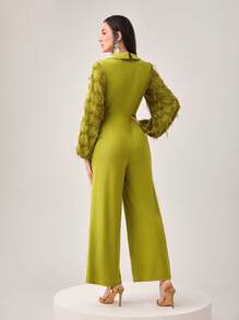 Modelyn Shawl Collar Fuzzy Lantern Sleeve Wide Leg Jumpsuit - Olive Green - View 2