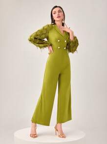 Modelyn Shawl Collar Fuzzy Lantern Sleeve Wide Leg Jumpsuit - Olive Green - View 3
