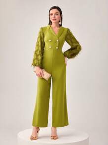 Modelyn Shawl Collar Fuzzy Lantern Sleeve Wide Leg Jumpsuit - Olive Green - View 6